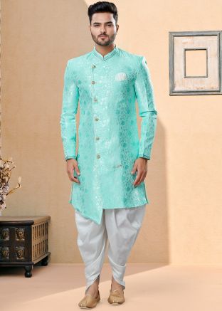 Turquoise Readymade Asymmetric Sherwani With Dhoti