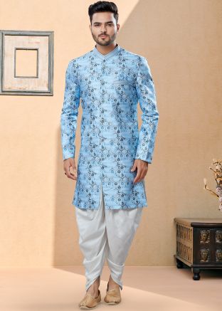 Blue Printed Readymade Sherwani With Dhoti