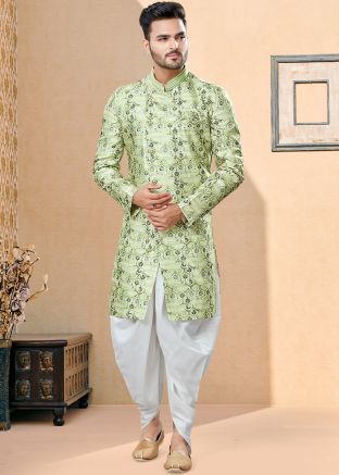 Green Printed Readymade Jacquard Sherwani With Dhoti