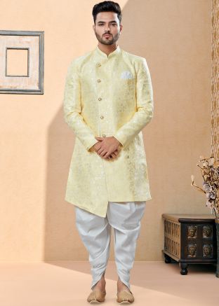 Yellow Readymade Asymmetric Woven Sherwani With Dhoti