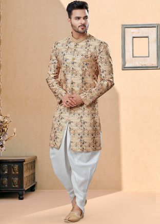 Beige Printed Readymade Jacquard Sherwani With Dhoti
