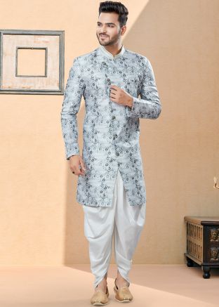 Grey Printed Readymade Jacquard Sherwani With Dhoti