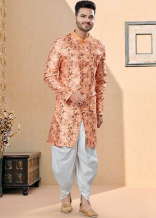 Readymade Orange Printed Jacquard Sherwani With Dhoti