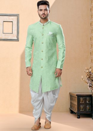 Readymade Green Asymmetric Jacquard Sherwani With Dhoti