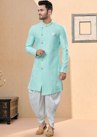 Readymade Blue Asymmetric Jacquard Sherwani With Dhoti