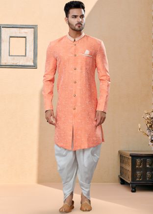 Orange Readymade Asymmetric Jacquard Sherwani With Dhoti