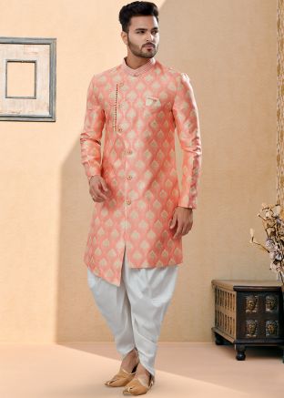 Peach Readymade Asymmetric Jacquard Sherwani With Dhoti