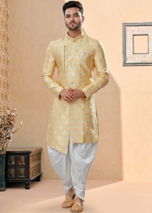 Yellow Readymade Asymmetric Woven Sherwani With Dhoti