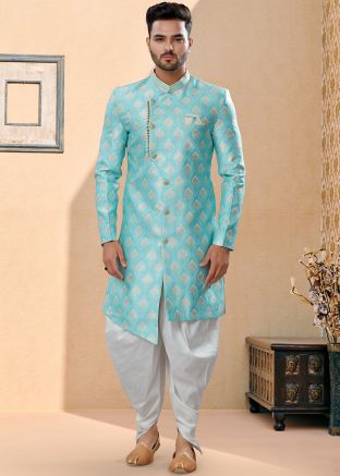 Blue Readymade Asymmetric Woven Sherwani With Dhoti
