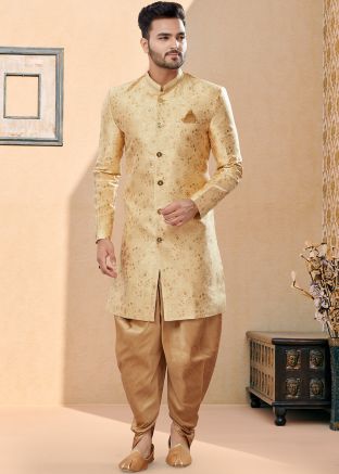Yellow Readymade Woven Sherwani With Dhoti Set