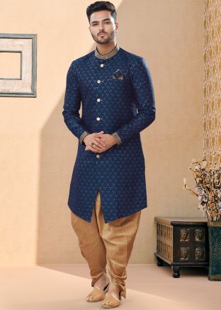 Blue Readymade Printed Sherwani With Dhoti Set