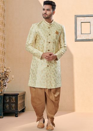 Cream Readymade Woven Sherwani With Dhoti Set
