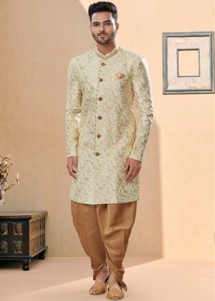 Readymade Cream Floral Woven Sherwani With Dhoti Set