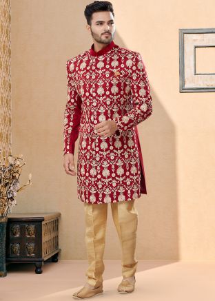 Red Readymade Thread Embroidered Indo Western Sherwani