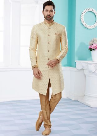 Cream Readymade Woven Indo Western Sherwani