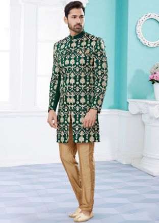 Green Readymade Thread Embroidered Indo Western Sherwani