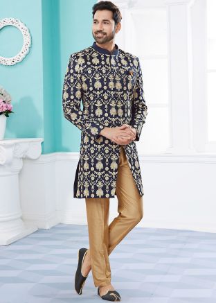 Blue Readymade Thread Embroidered Indo Western Sherwani