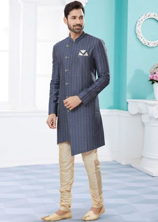 Blue Sequined Readymade Asymmetric Sherwani Set