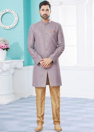 Purple Sequined Readymade Indo Western Sherwani Set