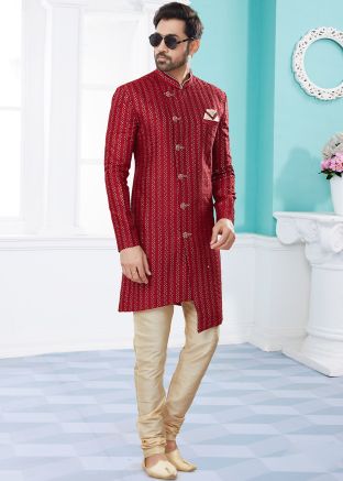 Maroon Sequined Readymade Asymmetric Sherwani Set