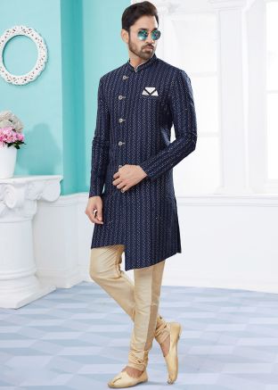 Readymade Blue Sequined Asymmetric Sherwani Set