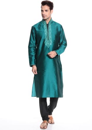 Readymade Teal Art Silk Kurta Pyjama Set