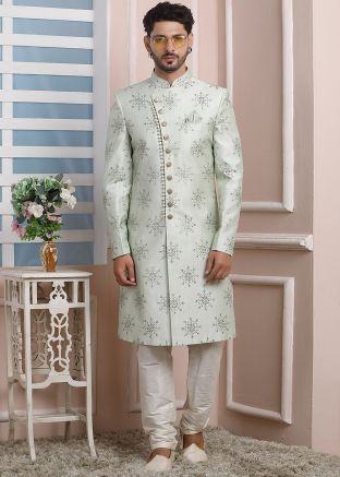 Green Readymade Sequins Embroidered Indo Western Sherwani
