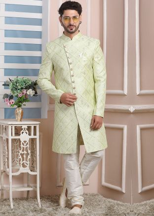 Green Embroidered Readymade Indo Western Sherwani Set