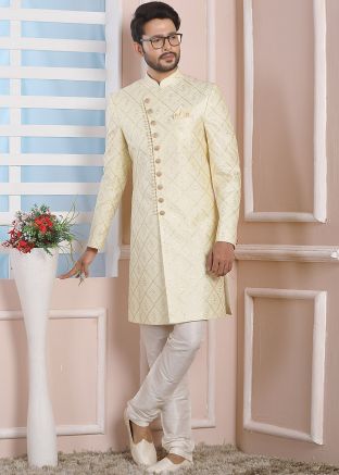 Cream Embroidered Readymade Indo Western Sherwani Set