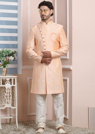 Peach Readymade Sequins Embroidered Indo Western Sherwani