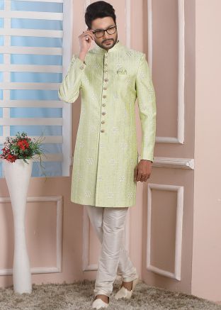 Readymade Green Sequins Embroidered Indo Western Sherwani