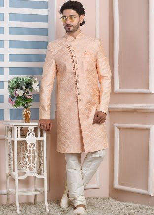 Readymade Peach Sequins Embroidered Indo Western Sherwani