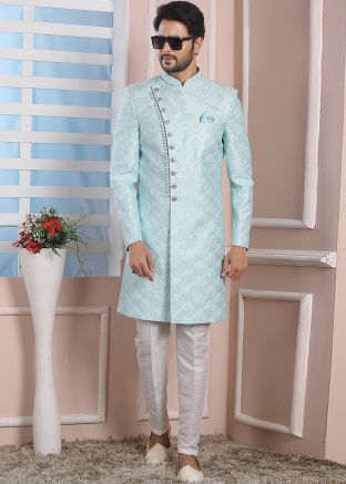 Readymade Blue Sequins Embroidered Indo Western Sherwani
