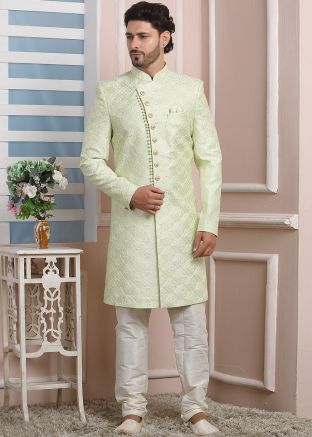 Green Readymade Thread Embroidered Indo Western Sherwani