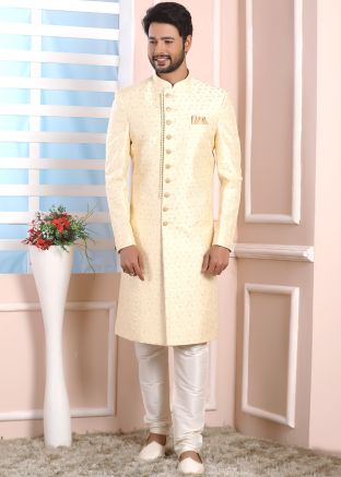 Cream Readymade Indo Western Sherwani With Embroidery