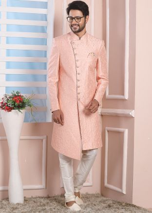 Peach Readymade Indo Western Sherwani With Embroidery