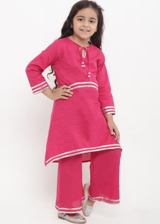 Pink Asymmetric Gota Patti Laced Kids Kurta Set
