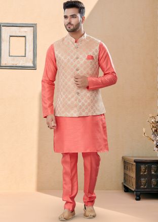 Readymade Peach Kurta Pajama Set In Dupion Silk