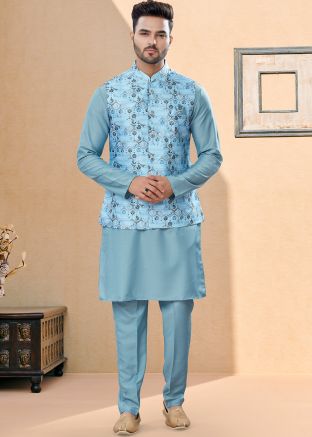 Blue Readymade Kurta Pajama Set With Printed Jacket