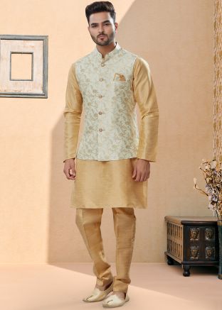 Cream Readymade Kurta Pajama Set In Dupion Silk