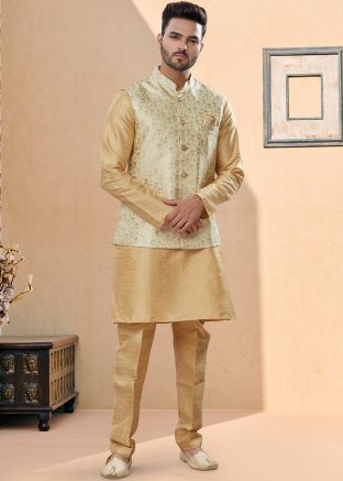 Readymade Cream Kurta Pajama Set With Nehru Jacket