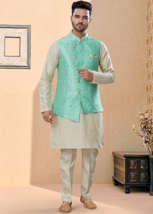 Readymade Off White Kurta Pajama Set With Nehru Jacket