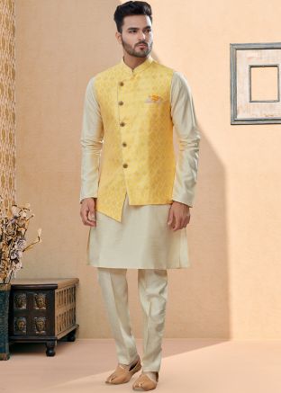 Readymade Off White Kurta Pajama Set With Nehru Jacket