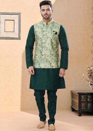 Readymade Green Kurta Pajama Set With Printed Nehru Jacket