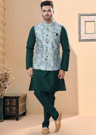 Readymade Green Dupion Silk Kurta Pajama With Jacket
