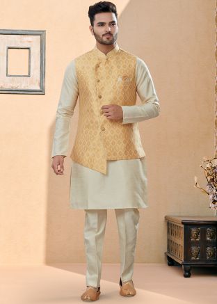 Off White Readymade Kurta Pajama Set In Dupion Silk