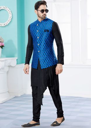 Black Asymmetric Readymade Kurta Pajama Set In Dupion Silk