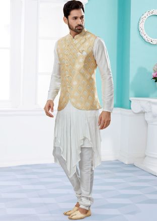 White Asymmetric Readymade Kurta Pajama Set In Dupion Silk