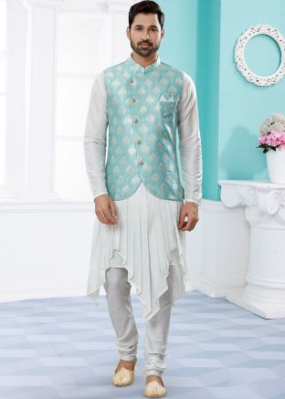 Readymade White Asymmetric Kurta Pajama Set In Dupion Silk