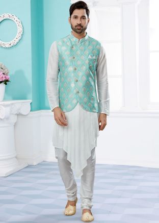 White Readymade Silk Kurta Pyjama With Jacket